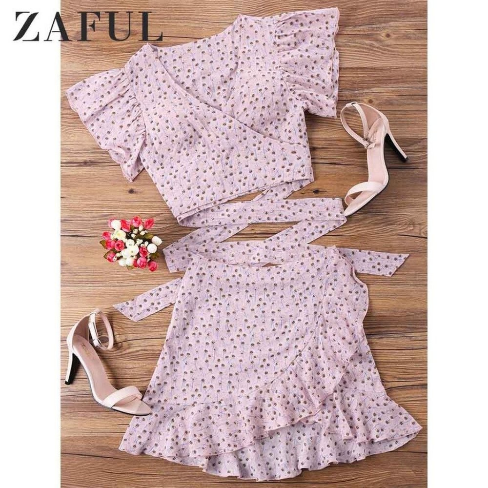 Zaful Pink Wrap Top And Skirt Set